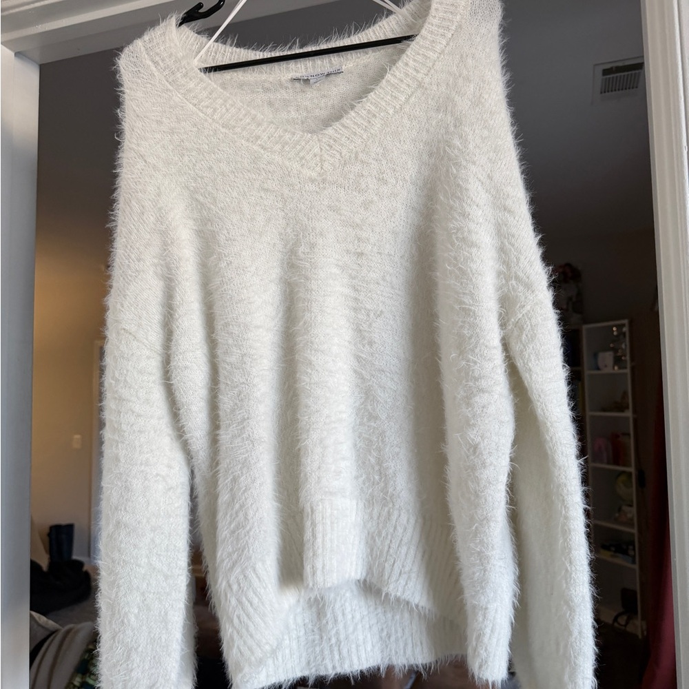 Cozy White Fuzzy V-Neck Sweater - Women